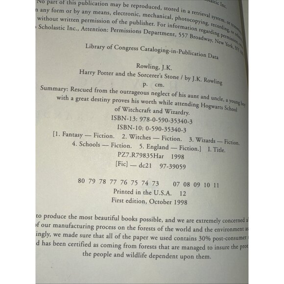 Harry Potter And The Sorcerer's Stone First American Edition 1998 JK Rowling HC - Picture 7 of 7